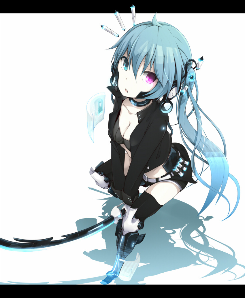 bikini_top black_buraku black_legwear black_rock_shooter black_thighhighs blue_hair curved_monitor floating_screen from_above heterochromia highres holographic_monitor letterboxed long_hair ogipote original science_fiction shadow shorts simple_background solo sword thigh-highs thighhighs twintails weapon