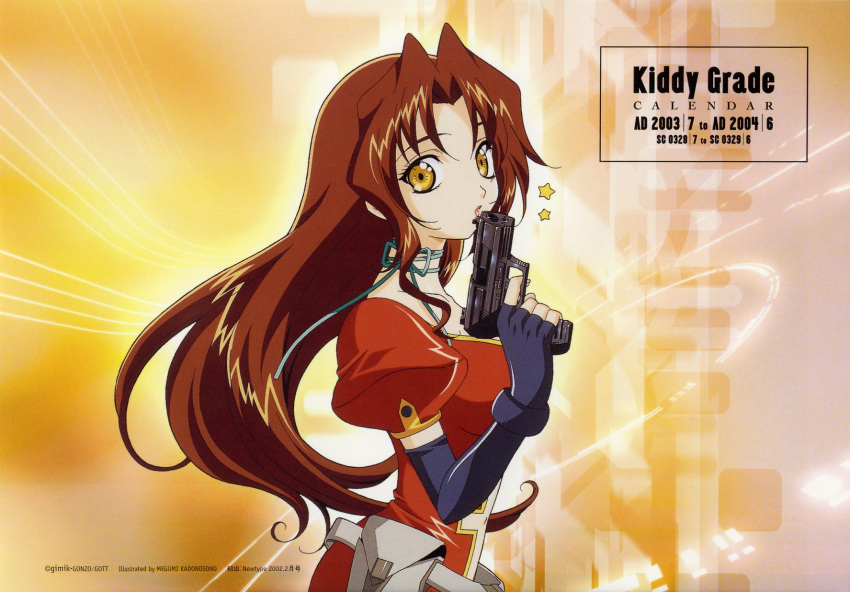 calendar eclair gloves gun highres kadonosono_megumi kiddy_grade long_hair red_hair redhead ribbon weapon yellow_eyes