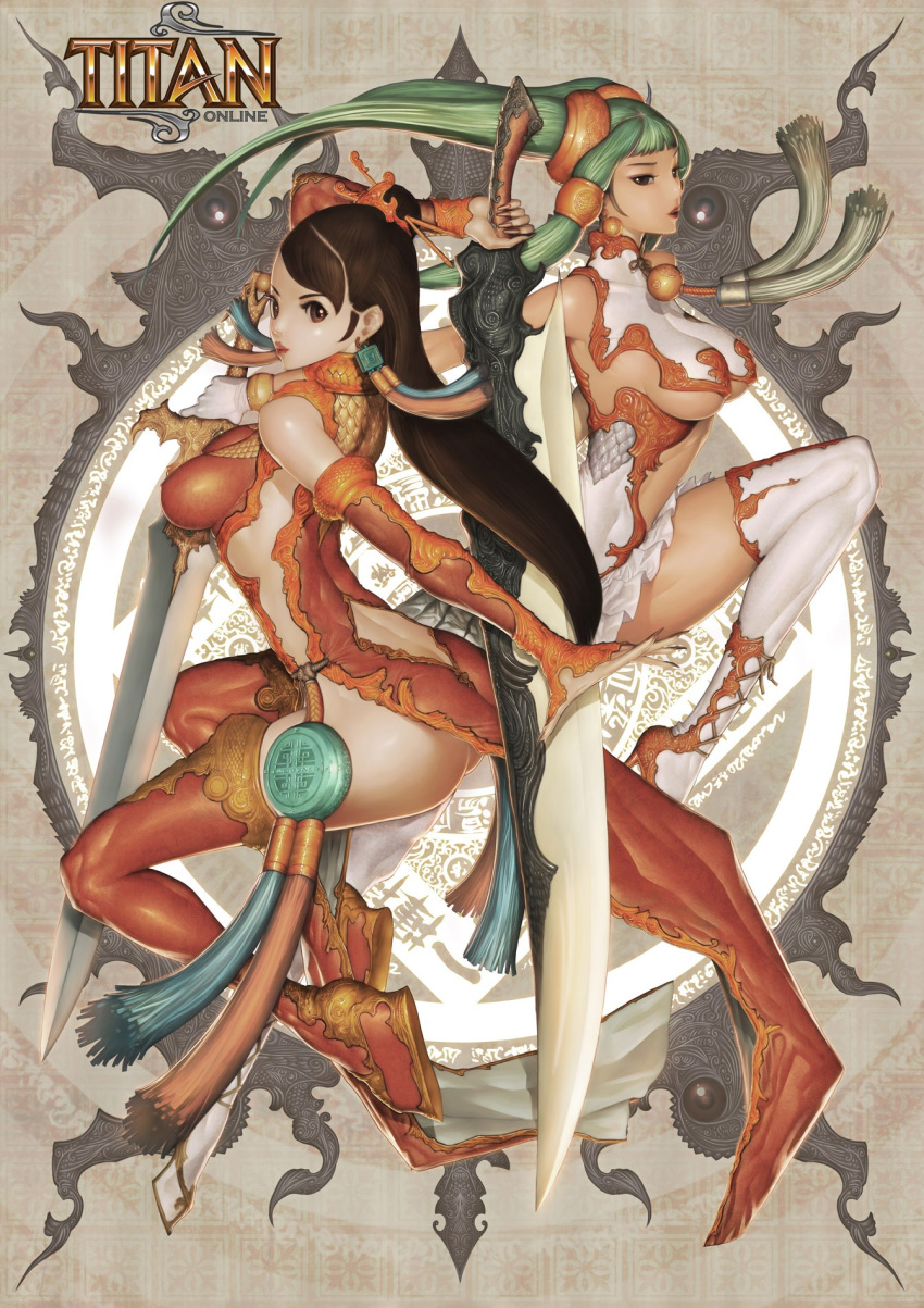 2girls alien1452 ass boots breasts brown_eyes brown_hair china_dress chinese_clothes earrings elbow_gloves gloves green_hair highres jewelry large_breasts lips long_hair multiple_girls sword thigh-highs thigh_boots thighhighs titan_online underboob weapon