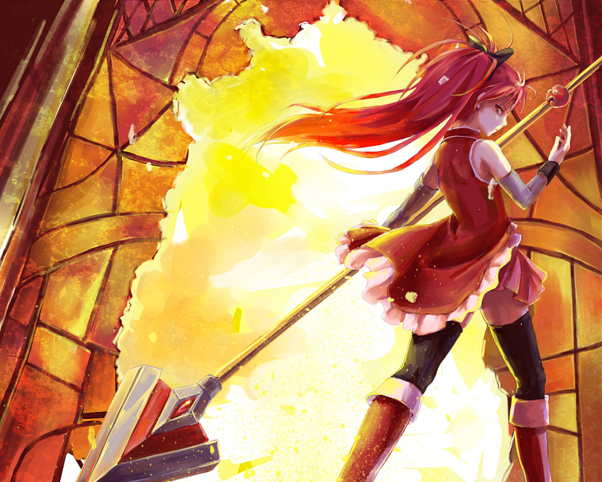 apple bare_shoulders boots detached_sleeves food from_behind fruit glaring highres licamen long_hair magical_girl mahou_shoujo_madoka_magica polearm ponytail profile red_eyes red_hair redhead sakura_kyouko solo spear stained_glass thigh-highs thighhighs weapon