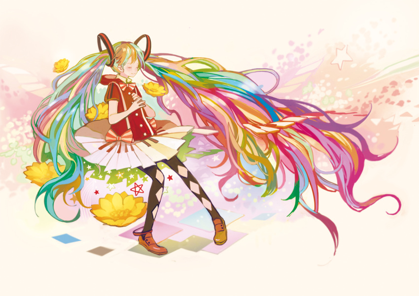 24_(24phage) 24_(artist) argyle argyle_legwear closed_eyes colorful eyes_closed flower hatsune_miku long_hair multicolored_hair pantyhose piano_print rainbow rainbow_hair smile solo twintails very_long_hair vocaloid vocaloid_hair