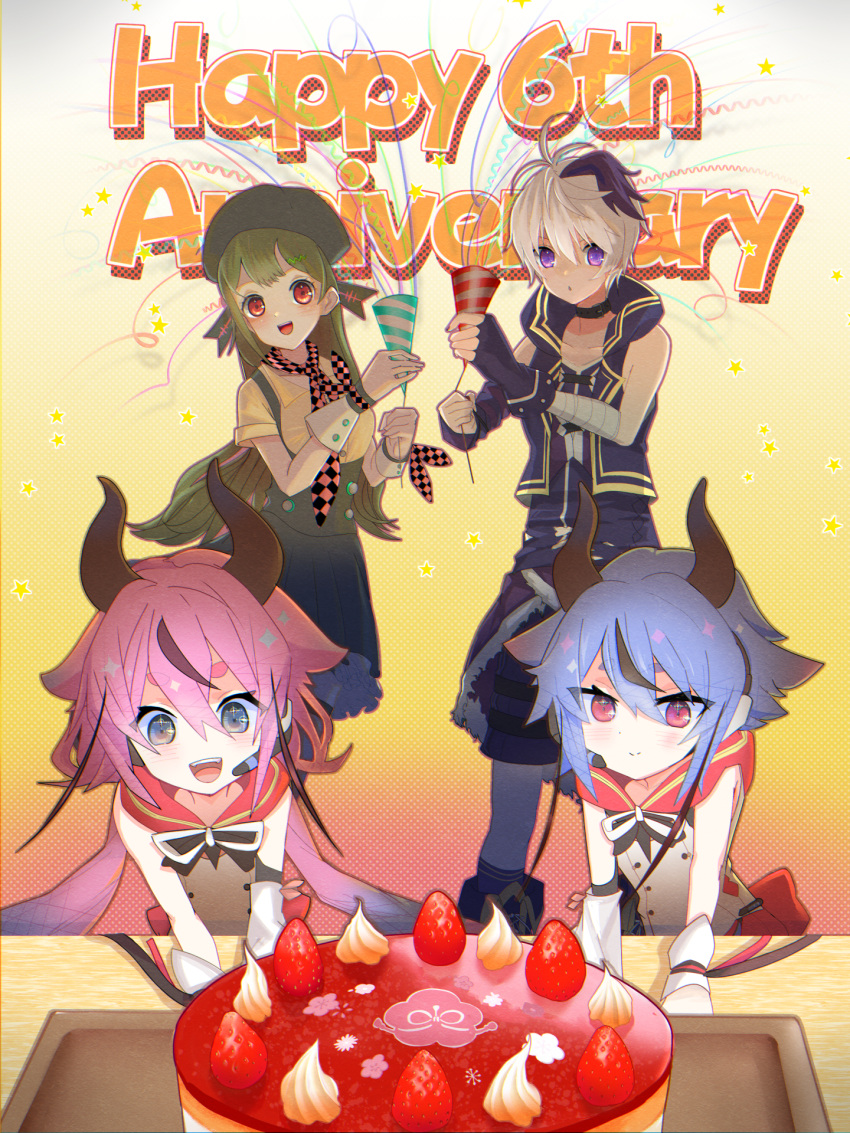 4girls :d :o asymmetrical_sleeves bare_shoulders belt_collar beret birthday birthday_cake blue_eyes blue_hair cake collar collarbone commentary cream detached_sleeves flower_(vocaloid) flower_(vocaloid4) food fruit fur-trimmed_skirt fur_trim green_hair hair_flaps happy_anniversary hat high-waist_skirt highres holding holding_party_popper horns jacket kokodoko_(g_kkdk) leaning_forward light_smile long_hair low_twintails meika_hime meika_mikoto multicolored_hair multiple_girls party_popper pink_eyes pink_hair plum_blossom_print purple_jacket purple_skirt purple_streaks purple_vest shirt shorts shorts_under_skirt skirt sleeveless sleeveless_jacket sleeveless_shirt smile standing strawberry streaked_hair streamers suspender_skirt suspenders twintails vest vocaloid white_hair white_shirt white_wrist_cuffs wrist_cuffs xin_hua xin_hua_(vocaloid4)_(japanese) yellow_shirt