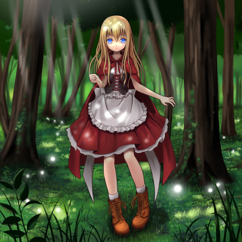 blue_eyes boots cape capelet cross-laced_footwear forest grass highres lace-up_boots little_red_riding_hood little_red_riding_hood_(grimm) long_hair nature original setona_(daice) solo tree