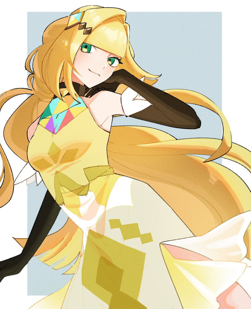 1girl bare_shoulders blonde_hair breasts brown_gloves choker closed_mouth commentary_request dress elbow_gloves eyelashes gloves green_eyes hair_ornament hand_up highres long_hair lusamine_(pokemon) official_alternate_costume osg_pk pokemon pokemon_(game) pokemon_masters_ex smile solo yellow_dress