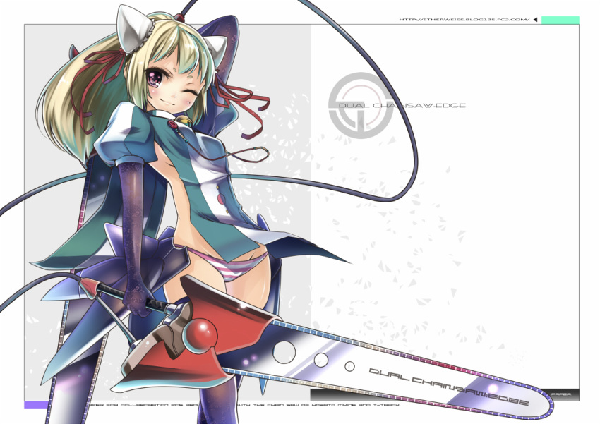 black_legwear black_thighhighs blonde_hair blush breasts bun_cover chainsaw chainsword double_bun elbow_gloves gloves hosato_mikine jewelry necklace no_bra no_pants original panties ponytail purple_eyes smile solo striped striped_panties sword thigh-highs thighhighs underwear violet_eyes weapon wink