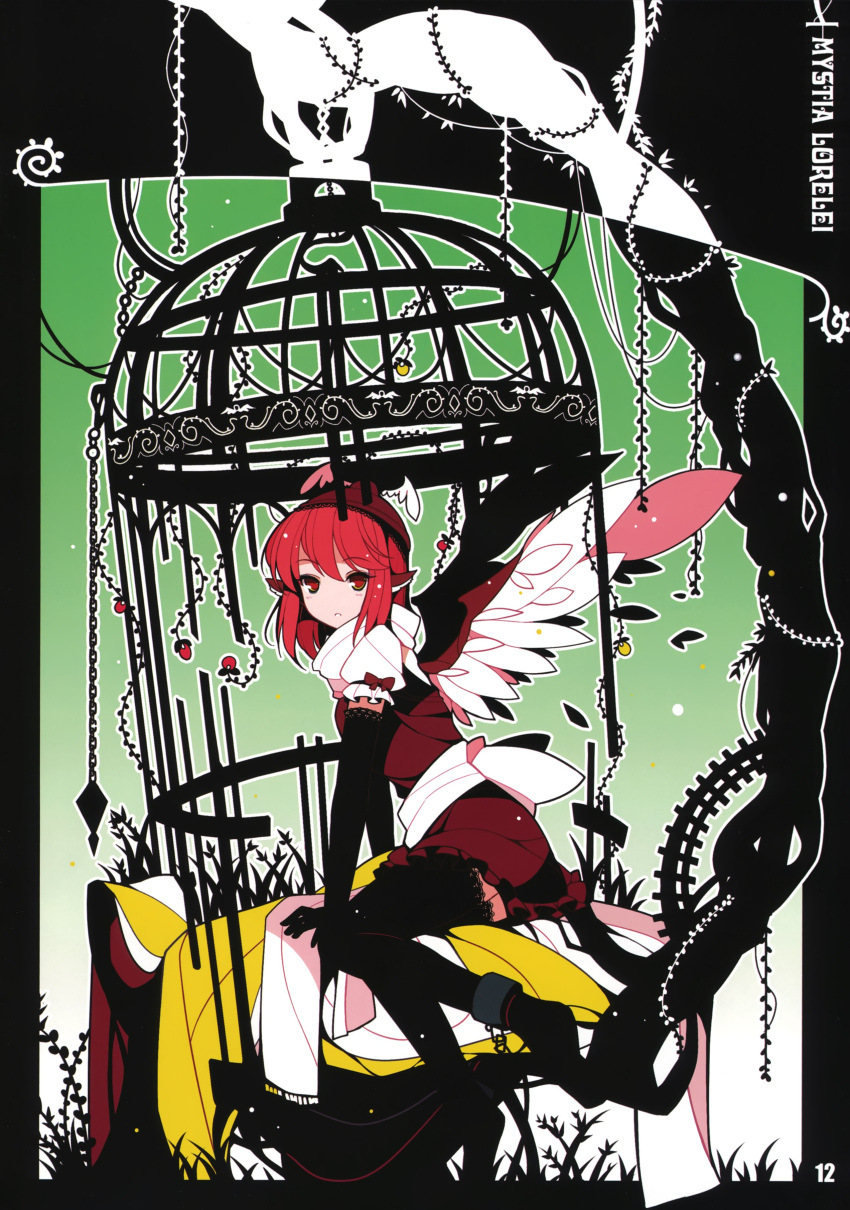 absurdres alternate_costume animal_ears black_legwear black_thighhighs blush bow cage chain chains dress elbow_gloves gloves hat highres ideolo mystia_lorelei no_nose red_eyes red_hair redhead scan short_hair sitting solo thigh-highs thighhighs touhou vines wings zettai_ryouiki