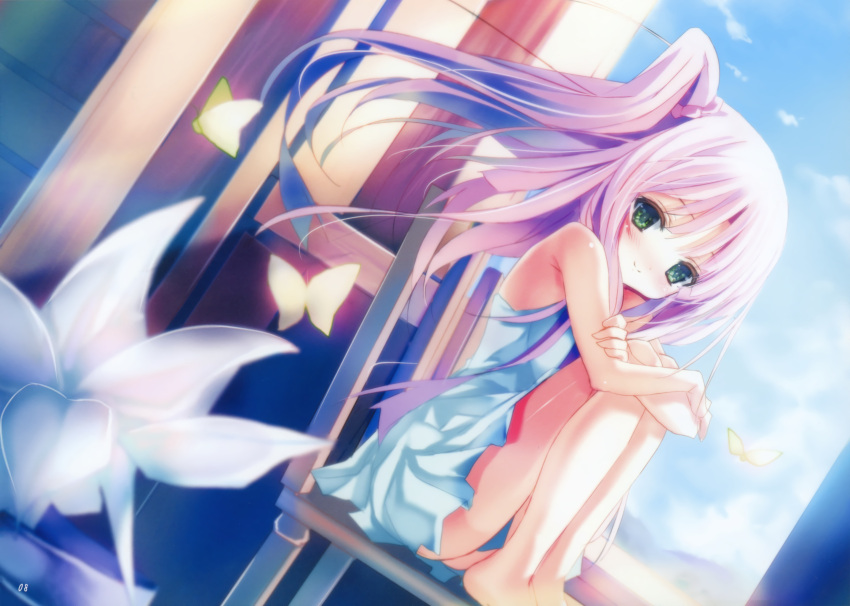barefoot butterfly chair copyright_request dress flower green_eyes highres leg_hug lily_(flower) shino_(eefy) sitting smile solo sundress
