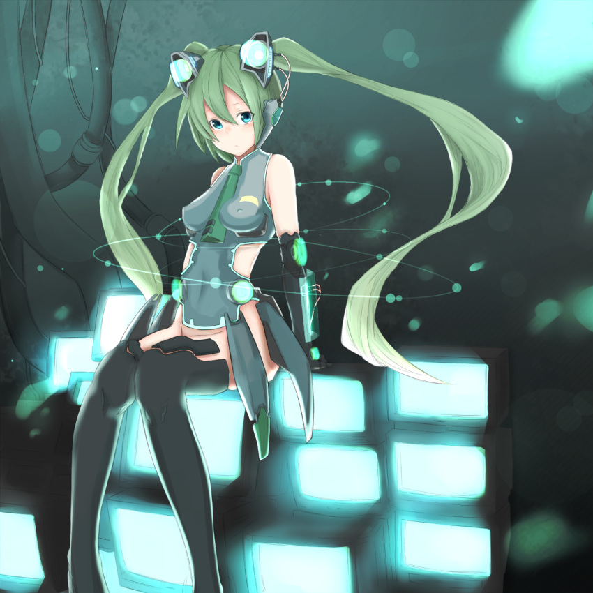 aqua_eyes erect_nipples green_hair hatsune_miku highres hope_yakisoba monitor necktie no_panties no_pants sitting solo thigh-highs thighhighs twintails vocaloid