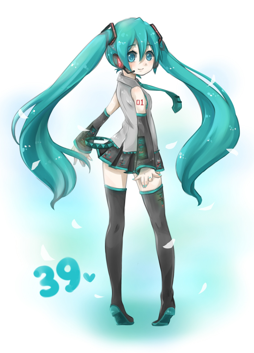 absurdres aqua_eyes aqua_hair boots detached_sleeves hatsune_miku headphones headset highres long_hair looking_back mikupa naive_(day) necktie skirt solo thigh-highs thigh_boots thighhighs tiptoes twintails very_long_hair vocaloid