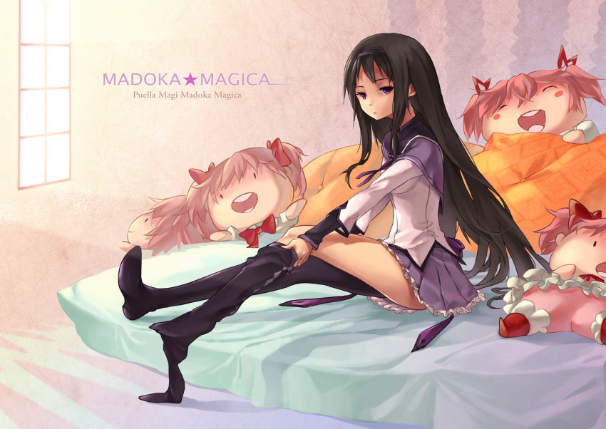 akemi_homura bed black_hair character_doll doll dressing hairband highres hong_(luckeydog) kaname_madoka long_hair mahou_shoujo_madoka_magica open_mouth pantyhose pillow pink_hair purple_eyes putting_on_shoes short_twintails skirt thigh-highs thighhighs twintails violet_eyes window
