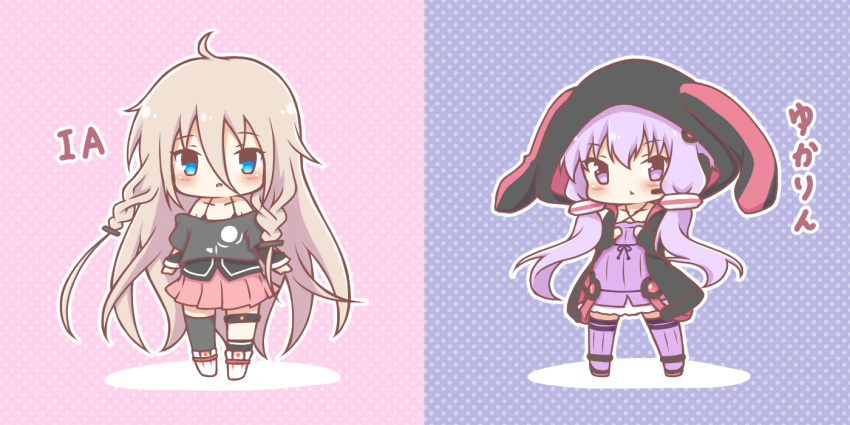 2girls :< animal_ears animal_hood asymmetrical_legwear bare_shoulders black_jacket black_shoes black_socks black_thighhighs blue_eyes blush boots braid brown_hair chibi closed_mouth collarbone commentary_request criss-cross_halter dress fake_animal_ears grey_shirt hair_between_eyes halterneck headset hood hood_up hooded_jacket ia_(vocaloid) jacket long_hair looking_at_viewer mitarashi_neko multiple_girls off-shoulder_shirt off_shoulder outline parted_lips pink_skirt pleated_skirt polka_dot polka_dot_background purple_dress purple_hair purple_thighhighs rabbit_ears rabbit_hood shadow shirt shoes single_sock single_thighhigh skirt socks standing thigh-highs thighhighs_under_boots translation_request very_long_hair violet_eyes vocaloid voiceroid white_boots white_outline yuzuki_yukari