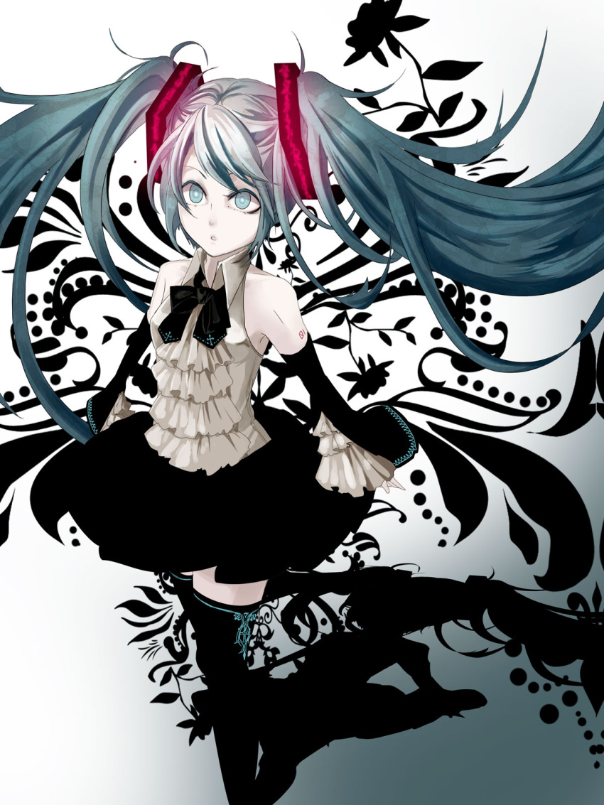 aqua_eyes aqua_hair black_legwear black_thgihhighs black_thighhighs detached_sleeves dress hatsune_miku highres long_hair memai open_mouth skirt solo thighhighs twintails very_long_hair vocaloid