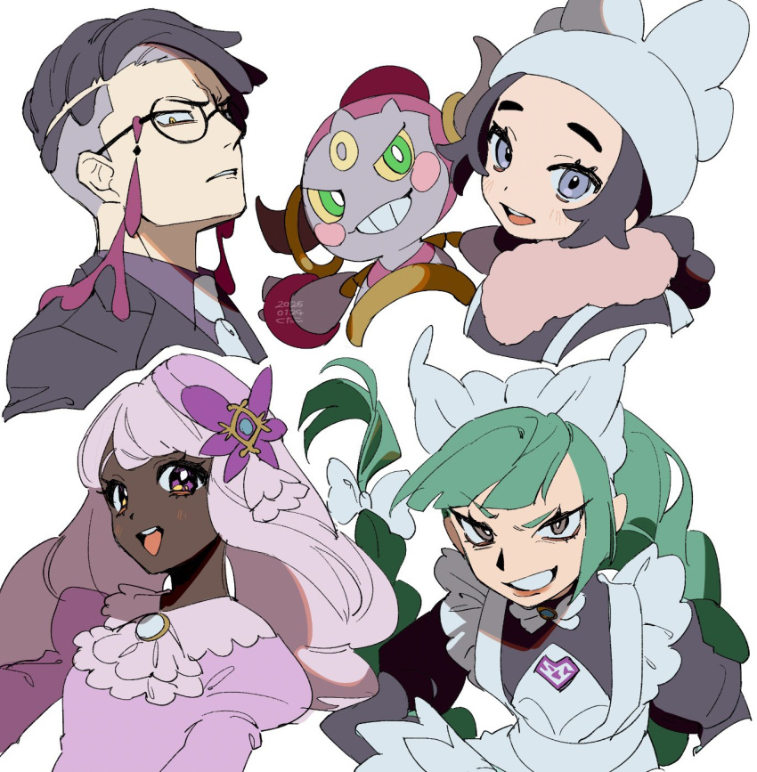 1boy 3girls :d ansha_(pokemon) apron ascot black-framed_eyewear black_hair black_jacket black_shirt blue_eyes blush blush_stickers bow braid braided_ponytail bright_pupils brown_eyes choker clenched_teeth collared_shirt colored_sclera commentary_request corbeau_(pokemon) cropped_torso dark-skinned_female dark_skin dated dress drill_hair eyewear_strap fascinator frilled_apron frills furrowed_brow glasses green_eyes green_hair grey_hair grin hair_bow hat highres hoopa horns jacinthe_(pokemon) jacket juliet_sleeves kutako_(kutako138) lebanne_(pokemon) lipstick long_hair long_sleeves looking_at_viewer low-tied_long_hair low_drills maid maid_headdress makeup mega_stone multiple_girls necktie pink_hair pokemon pokemon_(creature) puffy_sleeves purple_dress purple_shirt raised_eyebrow ribbon_choker scarf shirt short_hair simple_background smile teeth thick_eyebrows twin_drills undercut upper_teeth_only v-shaped_eyebrows v-shaped_eyes very_dark_skin violet_eyes white_background white_bow white_hat white_necktie winter_clothes yellow_eyes yellow_sclera