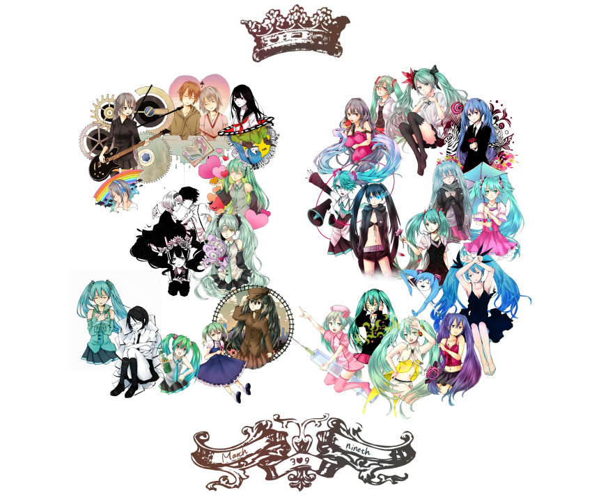 (vocaloid) absurdres ai_kotoba_(vocaloid) apple aqua_eyes aqua_hair bandage bikini black_hair black_rock_shooter black_rock_shooter_(character) blue_eyes book brown_hair butterfly clock_lock_works_(vocaloid) closed_eyes clouds crown detached_sleeves dress eh?_ah_sou_(vocaloid) fish flower formal front-tie_top gear glasses gloves grey_hair guitar hair_down hair_over_one_eye hair_ribbons hajime_no_koi_ga_owaru_(vocaloid) hajimete_no_koi_ga_owaru_toki_(vocaloid) hatsune_miku hatsune_miku_no_shoushitsu_(vocaloid) headphones heart highres jacket kiiro_byoutou_(vocaloid) kocchi_muite_baby_(vocaloid) koi_wa_sensou_(vocaloid) koiiro_byoutou_(vocaloid) long_hair lynne_(vocaloid) matryoshka_(vocaloid) megaphone melt_(vocaloid) midriff mikupa multiple_persona nail_polish navel neckerchief necklace necktie nisoku_hokou:(vocaloid) nisoku_hokou_(vocaloid) nurse paper pillow pleated_skirt plush poppippoo poppippoo_(vocaloid) rainbow red_eyes reitun rolling_girl_(vocaloid) romeo_and_cinderella_(vocaloid) romeo_to_cinderella_(vocaloid) saihate_(vocaloid) scarf serafuku shinkai_shoujo_(vocaloid) shiteyan'yo shiteyan'yo short_shorts skirt snow songover star suit syringe tears thigh_highs tokyo-to_rock_city_(vocaloid) torinoko_city_(vocaloid) tsumi_to_batsu_(vocaloid) twintails umbrella vocaloid voice_(vocaloid) when_the_first_love_ends_(vocaloid) white world's_end_umbrella_(vocaloid) world's_end_umbrella_(vocaloid) world_is_mine_(vocaloid) yellow_(vocaloid) yellow_eyes zebra