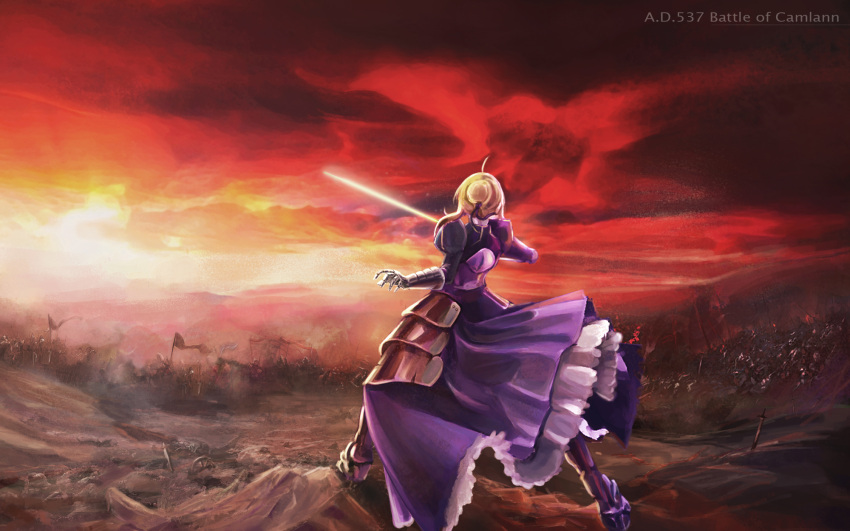 armor battle battlefield blonde_hair fate/stay_night fate_(series) from_behind hair_bun highres red_sky saber sky solo standing sword ushas weapon