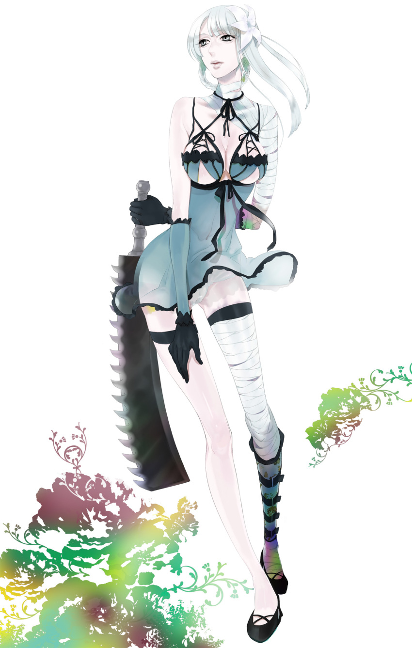 bandage bandages belt bow braid breasts cleavage elbow_gloves flower frills gloves grey_eyes hair_ornament high_heels highres kaine_(nier) konma lingerie long_legs negligee nier panties ribbon shoes short_hair silver_hair simple_background solo standing sword thigh-highs thigh_strap thighhighs underwear weapon white_hair white_panties