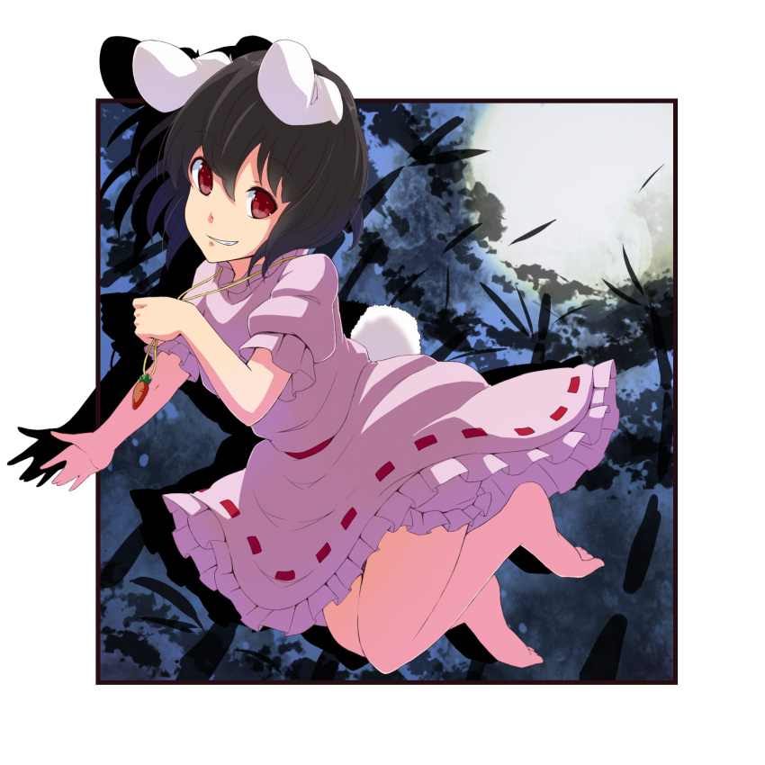 animal_ears bad_id barefoot black_hair bloomers bunny_ears bunny_tail carrot dress feet grin highres inaba_tewi jewelry jumping moon necklace pink_dress red_eyes smile solo tail toe_curl toe_scrunch toes touhou tsuttsu yukino_tsubu