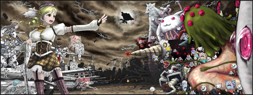 akemi_homura anthony_(madoka_magica) battle beret black_hair blonde_hair blue_hair cape charlotte_(madoka_magica) cherudim daniyyel+jennifer detached_sleeves devil_gundam drill_hair dynames fingerless_gloves g_gundam gertrud_(madoka_magica) gloves gun gundam gundam_00 gundam_00_a_wakening_of_the_trailblazer gundam_zabanya h.n.elly_(kirsten) hairband hat highres kaname_madoka kaze_no_tani_no_nausicaa kimishin kyubey kyuubee long_hair long_image magical_girl magical_musket mahou_shoujo_madoka_magica mecha miki_sayaka multiple_girls pink_hair ponytail puffy_sleeves pyotr_(madoka_magica) red_hair redhead rifle riviera sakura_kyouko short_hair thigh-highs thighhighs tomoe_mami twintails walpurgis_no_yoru_(madoka_magica) walpurgisnacht_(madoka_magica) weapon wide_image yellow_eyes