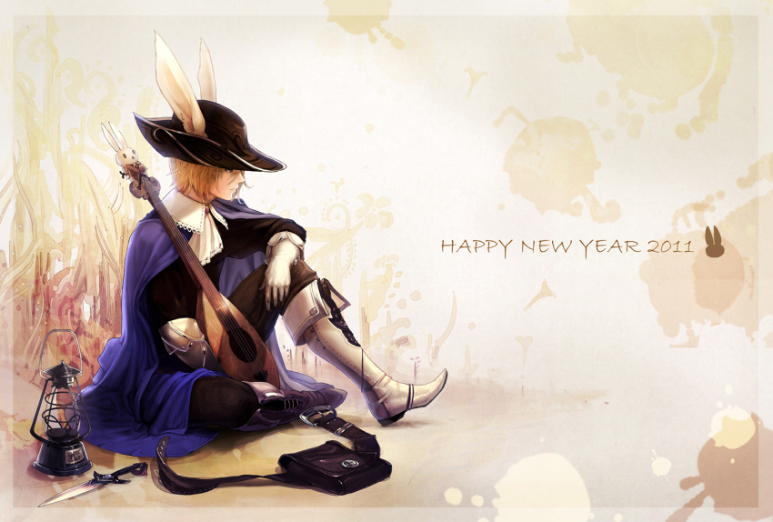 2011 animal_ears bad_id blonde_hair boots brooch bunny_ears cape dagger gloves hat instrument jewelry lamp lute lute_(instrument) male new_year oil_lamp original pouch sitting solo tachikawa_mushimaro weapon