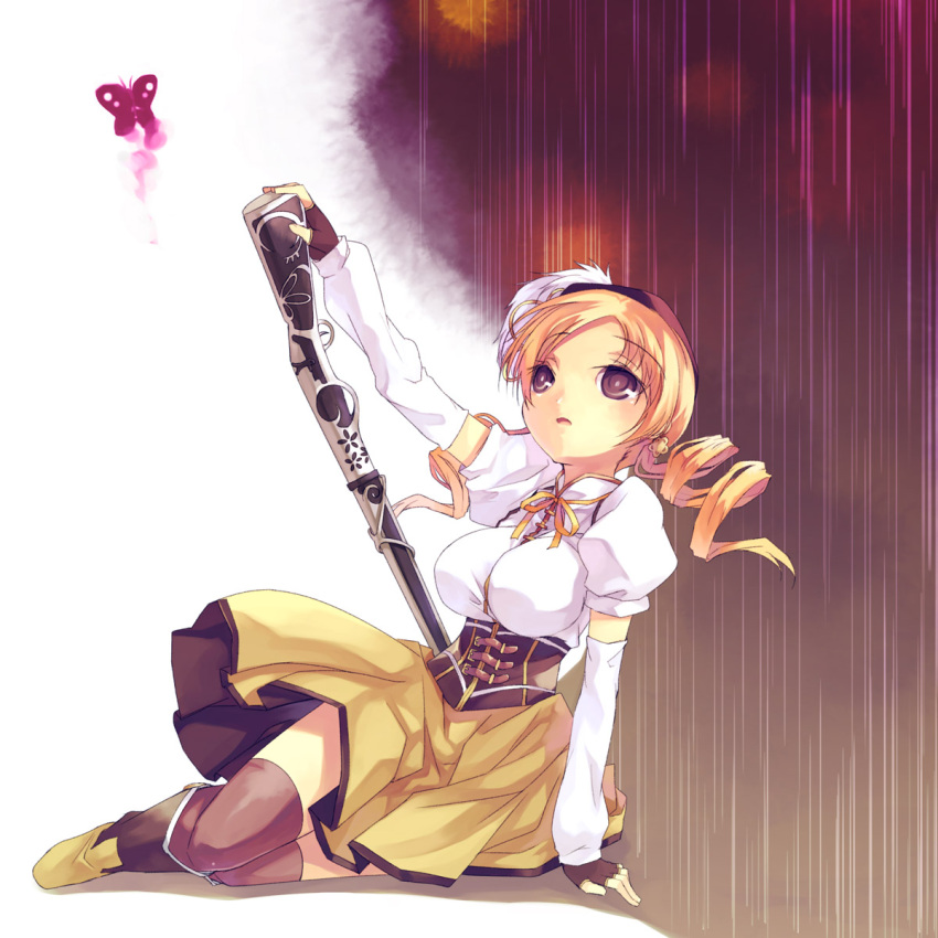 beret blonde_hair breasts butterfly corset detached_sleeves drill_hair fingerless_gloves gloves gun hair_ornament hat highres large_breasts magical_girl magical_musket mahou_shoujo_madoka_magica mikage_sekizai musket pleated_skirt puffy_sleeves rifle sitting skirt solo thighhighs tomoe_mami vertical-striped_legwear vertical-striped_thighhighs vertical_stripes weapon yellow_eyes