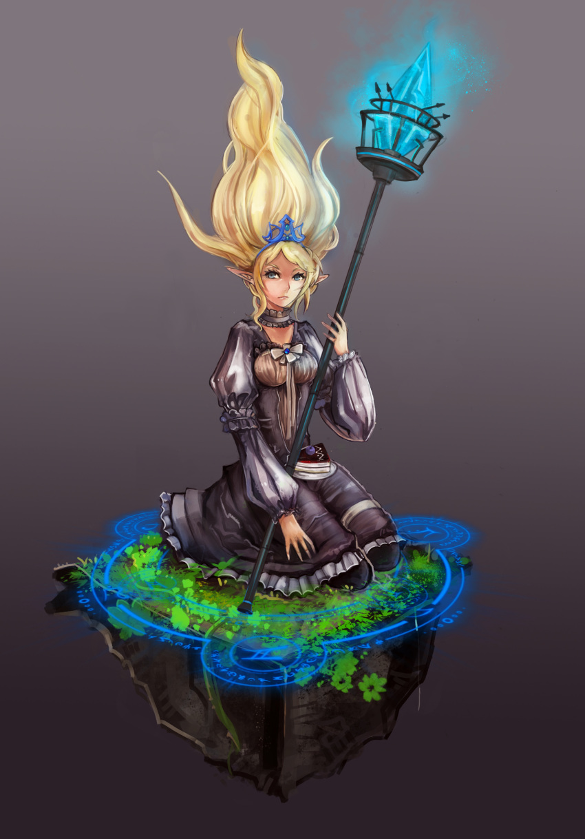 blonde_hair blue_eyes choker crystal dress elf floating_hair frilled_dress frills hair_up highres janna janna_windforce kneeling league_of_legends long_sleeves magic_circle plant pointy_ears puffy_sleeves shevan simple_background sitting solo staff tiara