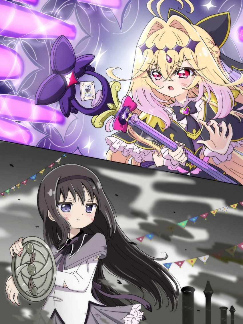 2girls akemi_homura akemi_homura_(magical_girl) antenna_hair arcana_star_rain arm_shield attack black_bow black_capelet black_dress black_hair blonde_hair bow braid brooch capelet closed_mouth commentary_request cure_arcana_shadow diamond_hairband dress energy_beam frilled_capelet frilled_cuffs frills gradient_hair hair_intakes hairband half_up_braid heart heart_brooch highres holding holding_staff jewelry laser layered_dress long_hair magical_girl mahou_shoujo_madoka_magica meitantei_precure! moria_luluka multicolored_hair multiple_girls open_mouth precure purple_nails purple_veil purple_wrist_cuffs rihabi5656 skirt staff tear_arcana_rod torn_clothes veil very_long_hair violet_eyes weapon wrist_cuffs