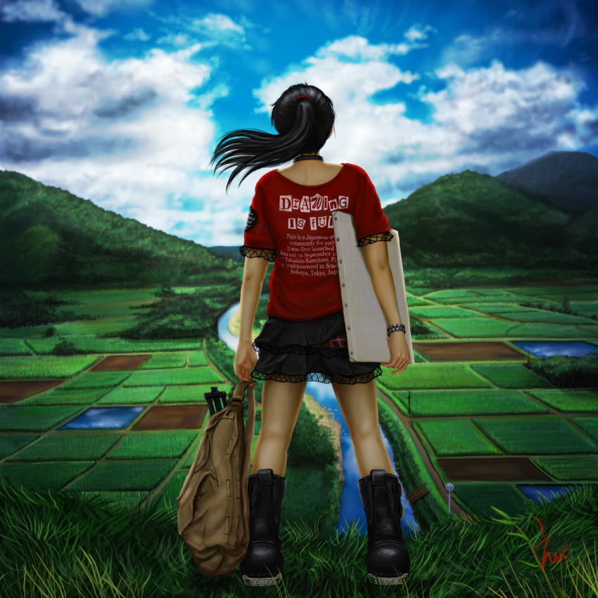 back_view black_hair boots bracelet canvas_(object) choker clothes_writing clothing_writing cloud eeotoko english field from_behind grass highres hill jewelry landscape long_hair oekaki_musume original pixiv ponytail realistic rice_paddy river rural scenery signature sky solo t-shirt