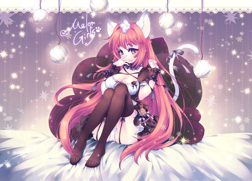 animal_ears artist_request black_legwear breasts brown_eyes cat_ears cat_tail catgirl character_request choker cleavage dress hand_on_own_face highres katakuri_tawawa long_hair melonbooks panties pantyshot pantyshot_(sitting) pantyshot_sitting pillow red_hair ribbon sitting striped striped_panties tail thigh_strap thighhighs toes underwear very_long_hair wrist_cuffs