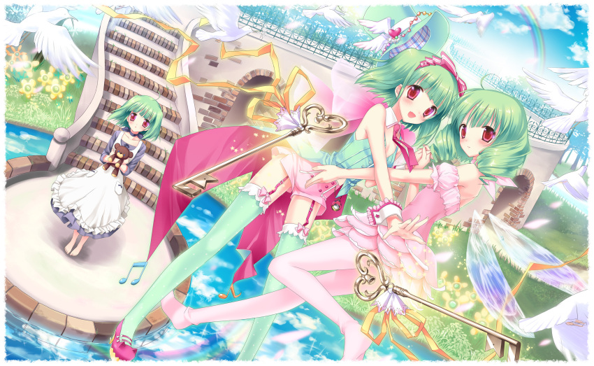 absurdres barefoot bird blush drill_hair dutch_angle flying green_hair hat hat_removed headwear_removed heart highres key kimishima_ao macross macross_frontier multiple_persona musical_note railing rainbow ranka_lee red_eyes short_hair smile stairs thigh-highs thighhighs wings