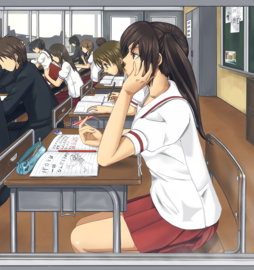 brown_hair cameo chair cirno classroom desk highres hyper_heiki keiko long_hair mechanical_pencil minami-ke minami_kana pen_spinning pencil school_uniform seifuku skirt touhou translated twintails ⑨