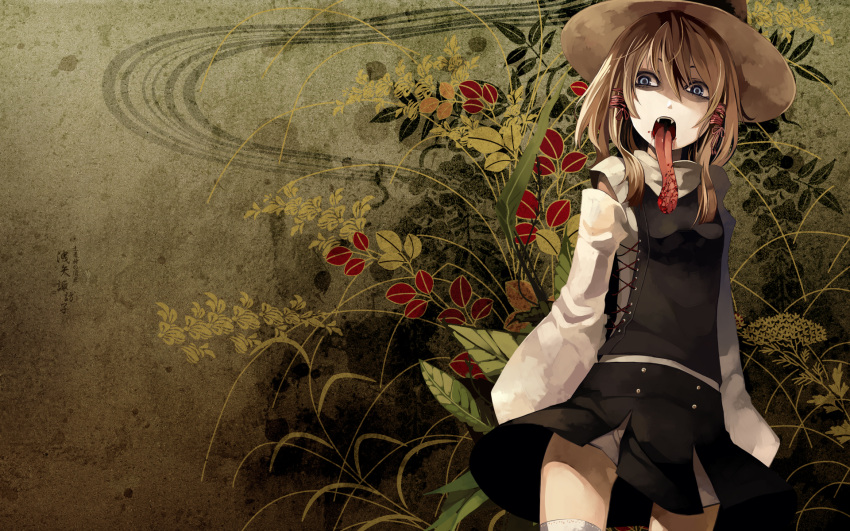 blood blue_eyes detached_sleeves eyes fangs flower hat highres hiiragi_ryou long_tongue moriya_suwako riku_(wana) short_hair thigh-highs thighhighs tongue touhou wallpaper