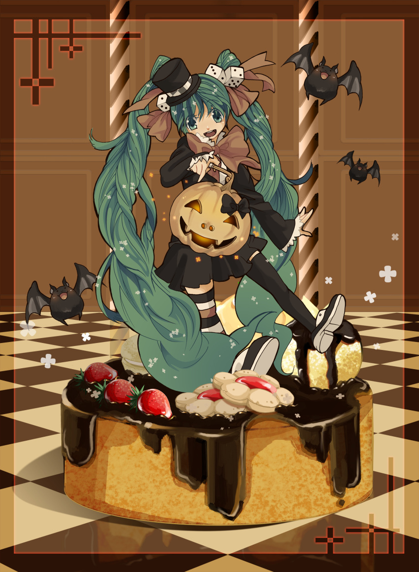 animal aqua_eyes aqua_hair bat black_legwear blush bow bridget00747 cake checkered chocolate cookie cos dice dress food fruit hair_ornament halloween hands happy hat hatsune_miku highres jack-o'-lantern large_bow legs long_hair mini_top_hat mismatched_legwear open_mouth pastry pumpkin strawberry striped striped_legwear thigh-highs thighhighs top_hat twintails vocaloid