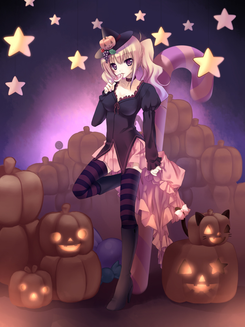 blonde_hair boots breasts candy candy_cane choker food food_as_clothes food_themed_clothes fruit grapes halloween hands hat high_heels highres jack-o'-lantern leg_lift lollipop nana_mikoto original pumpkin purple_eyes saliva shoes solo star striped striped_legwear swirl_lollipop thigh-highs thighhighs twintails witch witch_hat