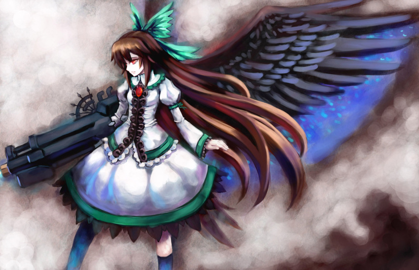 adapted_costume arm_cannon bad_id black_wings bow brown_hair bryanth cape expressionless eyes hair_bow highres large_wings long_hair red_eyes reiuji_utsuho solo touhou weapon wings