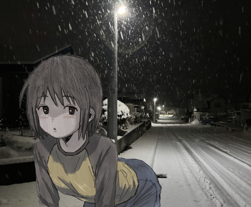 1girl :< bent_over black_shirt black_sky blue_skirt blurry blush bokeh breasts brown_eyes brown_hair bush commentary dark denim denim_skirt depth_of_field foliage from_side hands_on_own_knees highres house lamppost leaning_forward lie_00 long_sleeves looking_at_viewer looking_to_the_side nakahara_misaki nhk_ni_youkoso! night parted_lips photo_background raglan_sleeves raised_eyebrows retaining_wall road shaded_face shirt short_hair sketch skirt sky small_breasts snow snowing solo street t-shirt two-tone_shirt utility_pole winter yellow_shirt