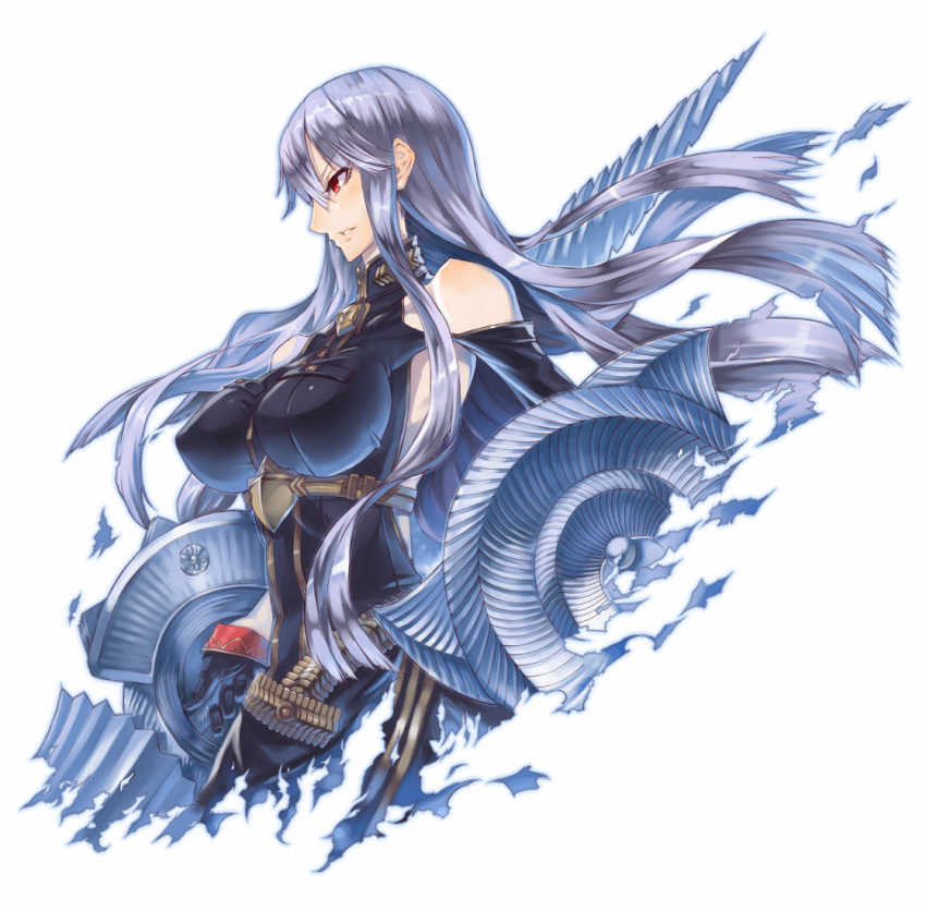 1girl 2d 4hands bare_shoulders breasts error impossible_clothes impossible_shirt lance large_breasts long_hair polearm red_eyes selvaria_bles senjou_no_valkyria senjou_no_valkyria_1 shield shirt sideways_mouth silver_hair solo valkyria_chronicles weapon