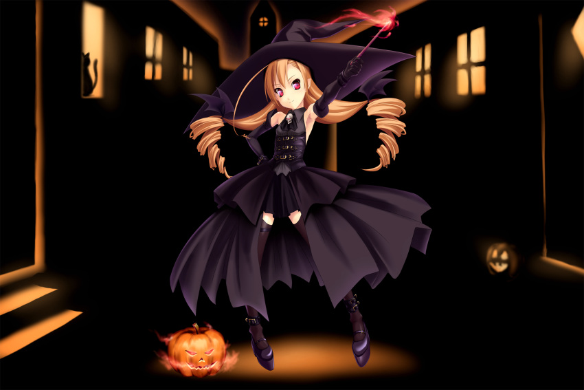 cat drill_hair halloween hat highres jack-o'-lantern norizou_type-r original pumpkin red_eyes solo thigh-highs thighhighs wand witch witch_hat