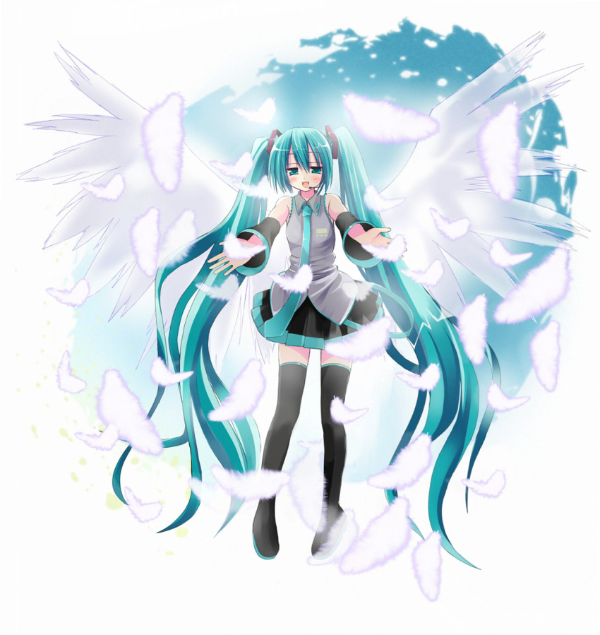 boots detached_sleeves feathers green_eyes green_hair hatsune_miku highres kiriya_haruhito necktie thigh-highs thigh_boots thighhighs twintails vocaloid wings zettai_ryouiki