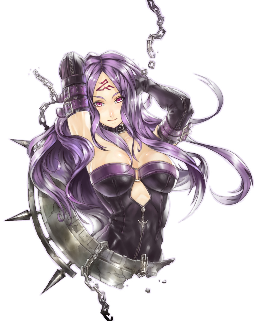 2d 4hands arms_up bare_shoulders breasts broken chain cleavage collar dress elbow_gloves facial_mark fate/stay_night fate_(series) forehead_mark gloves highres long_hair looking_at_viewer pink_eyes purple_hair rider simple_background skin_tight smile solo strap strapless_dress very_long_hair white_background zipper