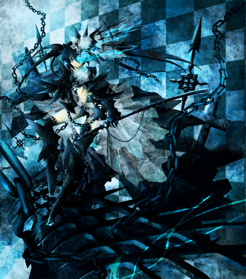 black_rock_shooter black_rock_shooter_(character) blue_eyes chain checkered gene gene_(pixiv) glowing glowing_eyes highres long_hair navel scar shorts solo sword thighhighs twintails very_long_hair weapon