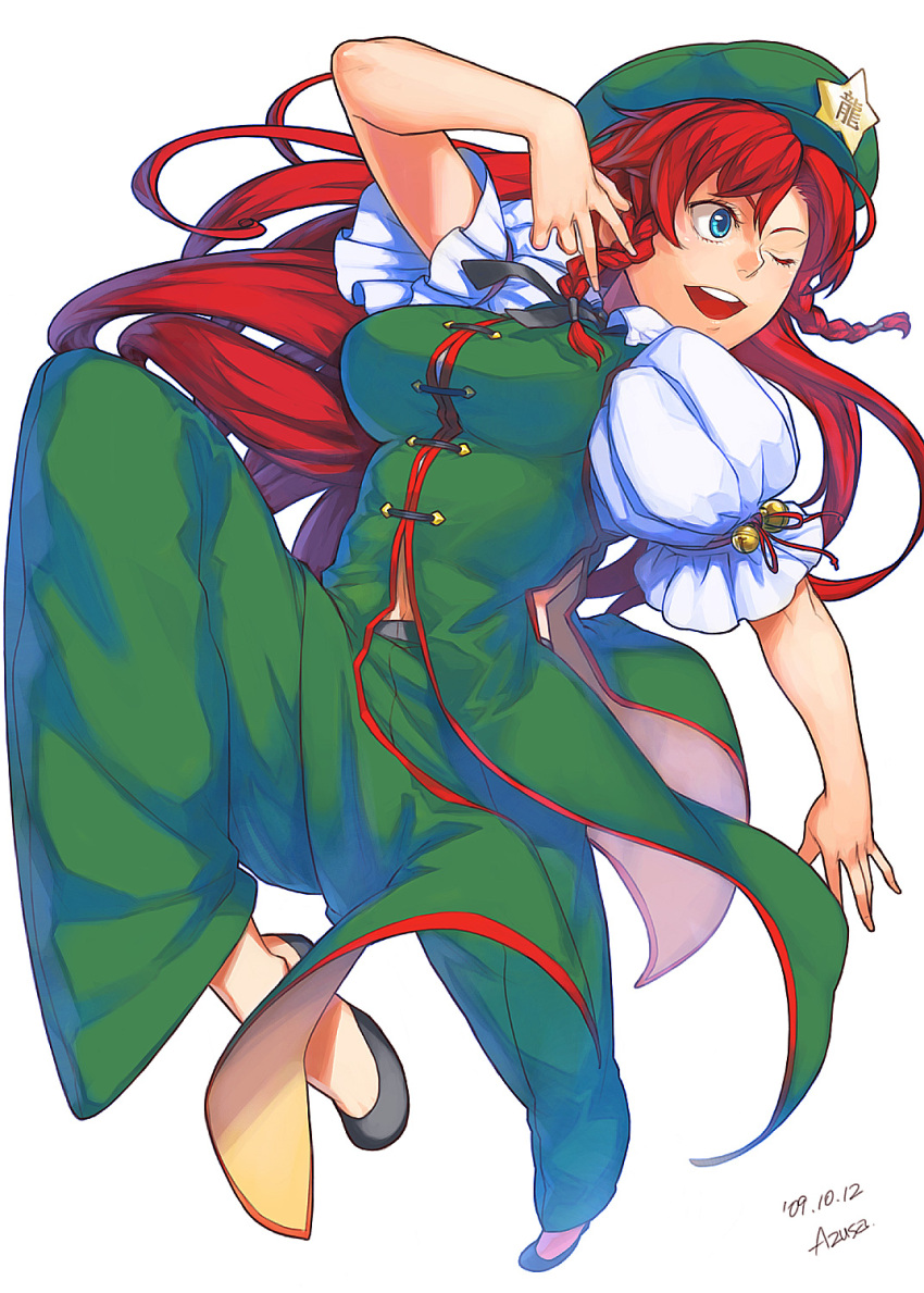 azusa blue_eyes braid china_dress chinese_clothes hat highres hong_meiling long_hair red_hair redhead solo touhou twin_braids wink