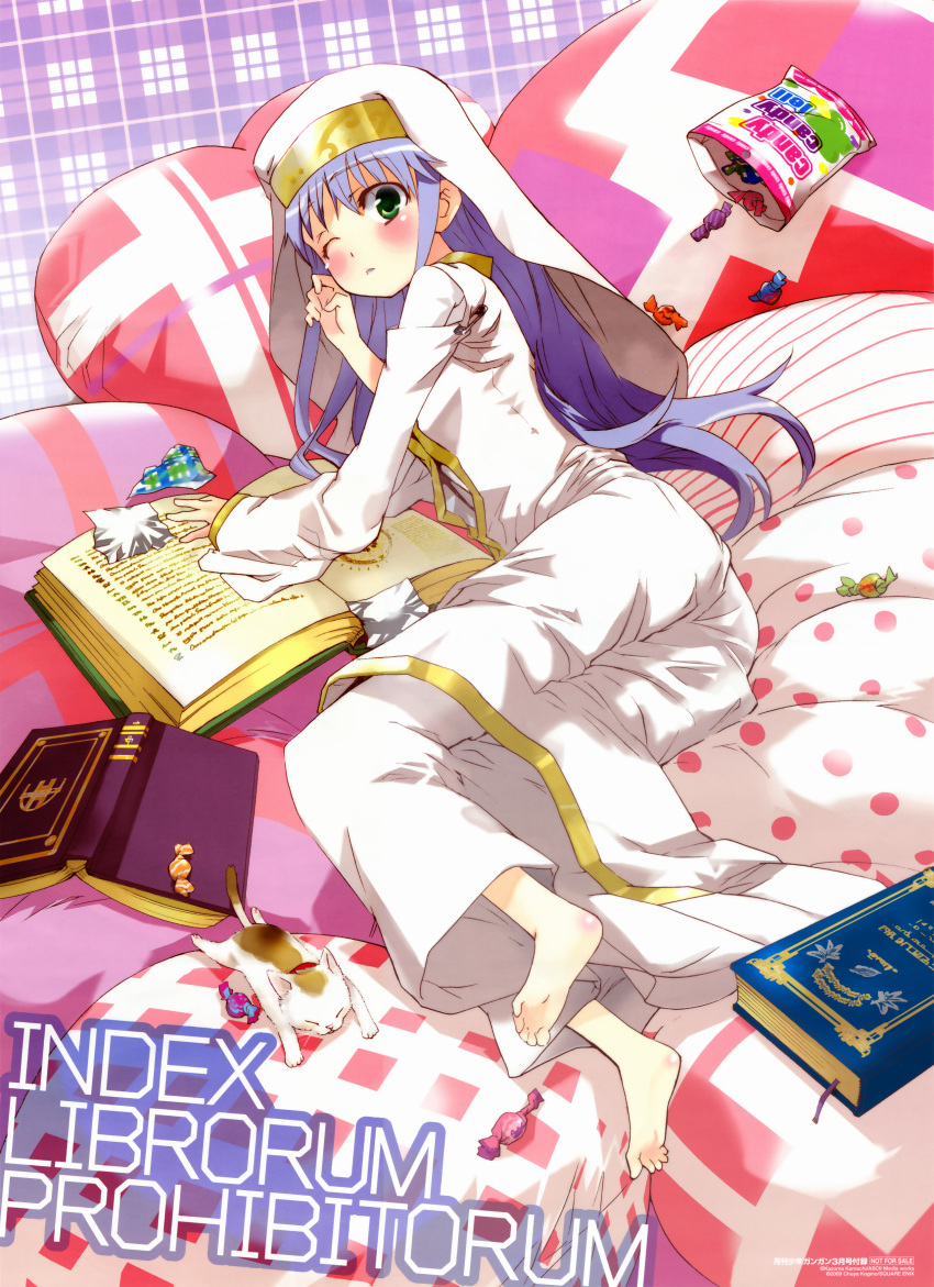 absurdres barefoot bed blue_hair blush book candy cat feet flat_chest food from_above green_eyes habit hat highres index kogino_chuuya long_hair looking_up lying neko pillow robe safety_pin solo sphinx_(index) to_aru_majutsu_no_index wink