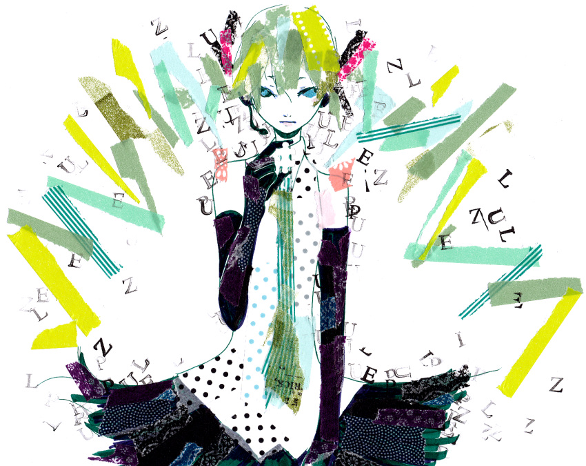 blue_eyes collage elbow_gloves gloves green_hair hatsune_miku headphones headset long_hair necktie puzzle puzzle_(vocaloid) skirt syoring twintails very_long_hair vocaloid