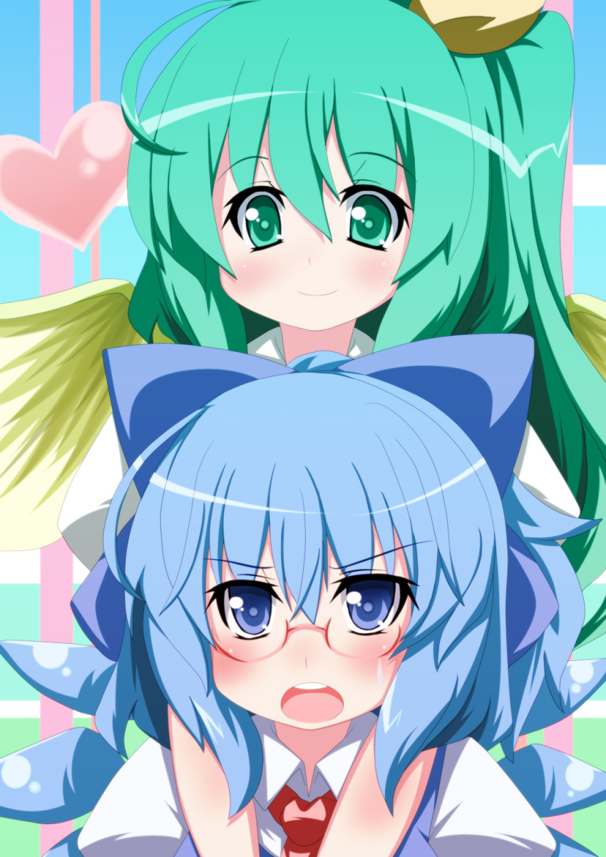 bespectacled blue_eyes blue_hair bow cirno daiyousei glasses green_eyes green_hair hair_bow highres hug glasses multiple_girls oborotsuki_kakeru ribbon short_hair touhou wings