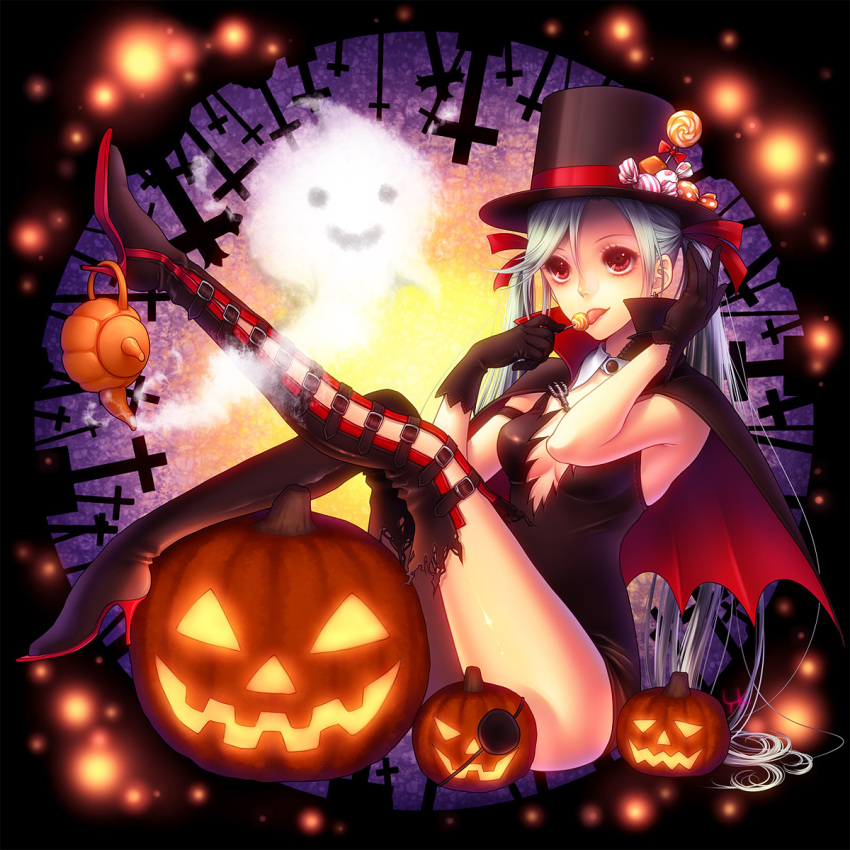 candy cape food_as_clothes gloves halloween hat highres jack-o'-lantern jack-o'-lantern kayu licking lollipop long_hair original pumpkin red_eyes shaped_lollipop solo thigh-highs thighhighs twintails witch