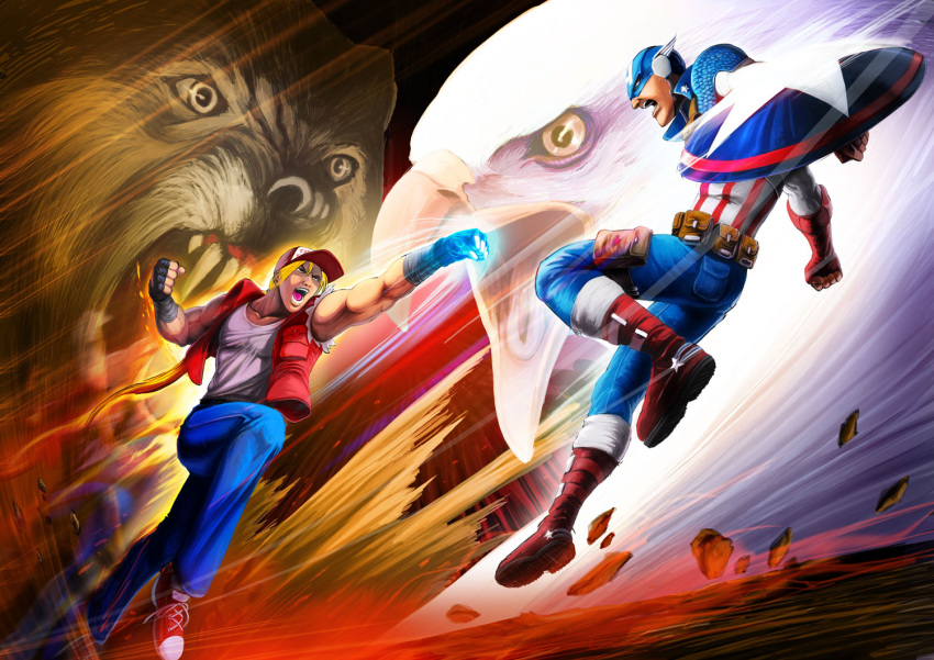 bird blonde_hair blue_eyes captain_america crossover eagle epic fatal_fury hat king_of_fighters male marvel redneck saltheman snk steve_rogers terry_bogard wolf