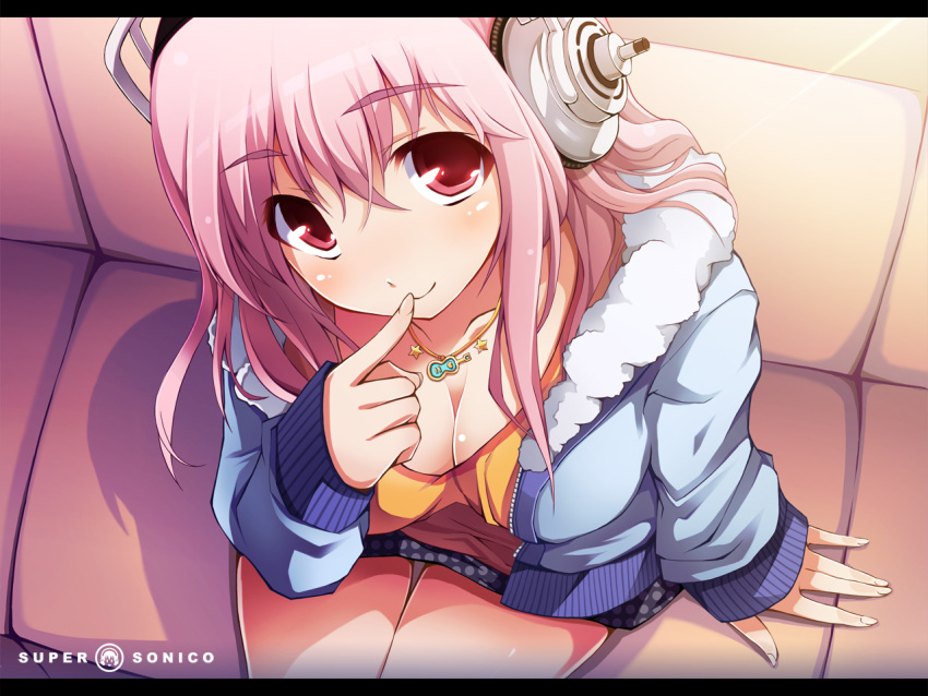 aratant blush breasts chiri_(atlanta) cleavage coat finger_to_mouth from_above headphones jacket jewelry large_breasts long_hair nitroplus no_bra pendant pink_eyes pink_hair sitting smile solo sonico soniko super_sonico super_soniko