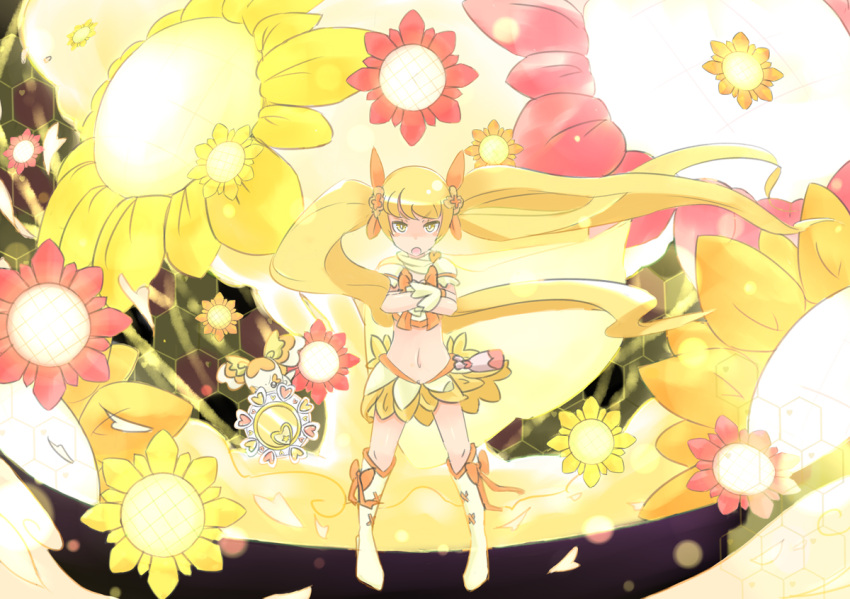 blonde_hair boots cure_sunshine dress floral_background heartcatch_precure! long_hair magical_girl midriff myoudouin_itsuki potpourri_(heartcatch_precure!) precure shiny_tambourine skirt twintails ug_(nekonekodou) yellow_background yellow_dress yellow_eyes