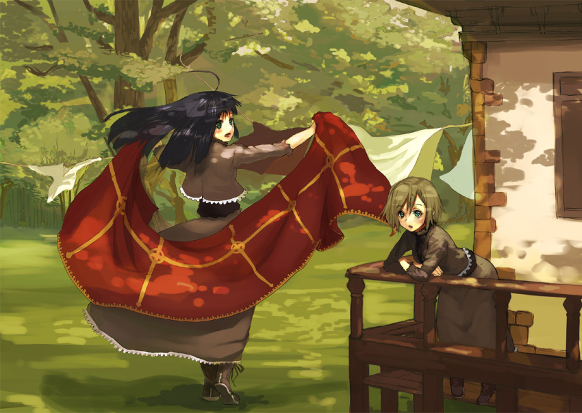 ahoge arm_support black_hair blue_eyes boots brown_hair clothes clothesline dress green_eyes leaning_forward long_hair long_sleeves looking_back multiple_girls open_mouth original railing shawl shirabi_(life-is-free) short_hair tree