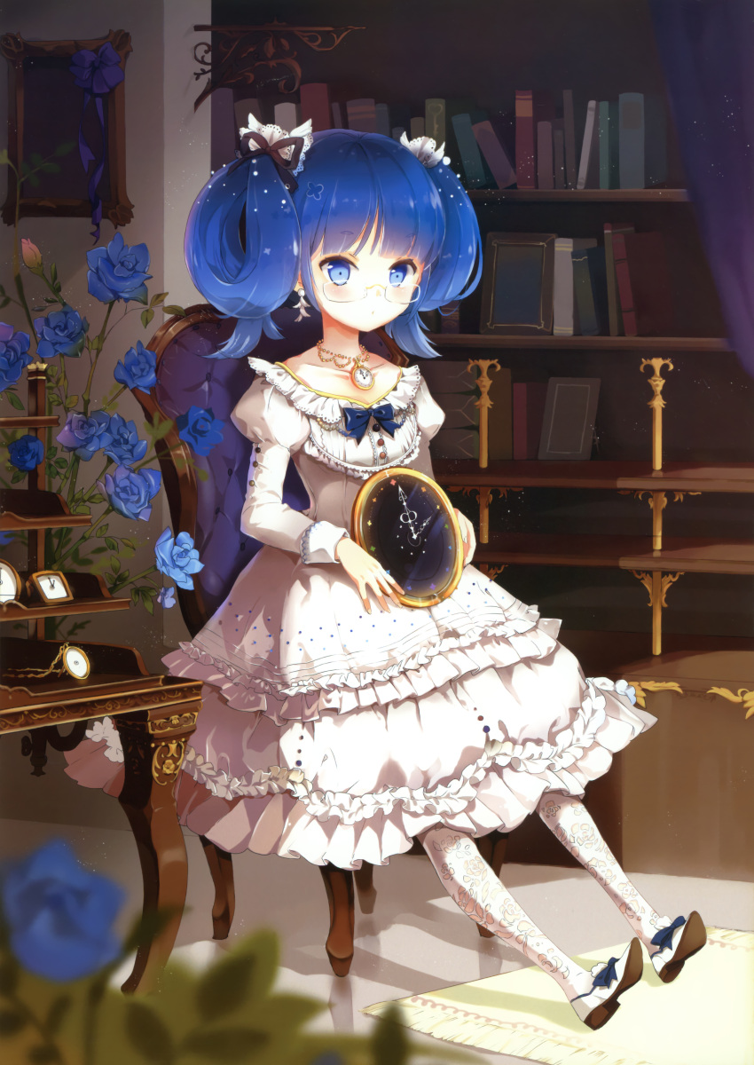 anmi blue_eyes blue_hair blue_rose chair clock copyright_request earrings floral_print flower glasses hair_rings highres jewelry necklace pantyhose print_legwear rose sitting sitting_on_object solo twintails white_legwear